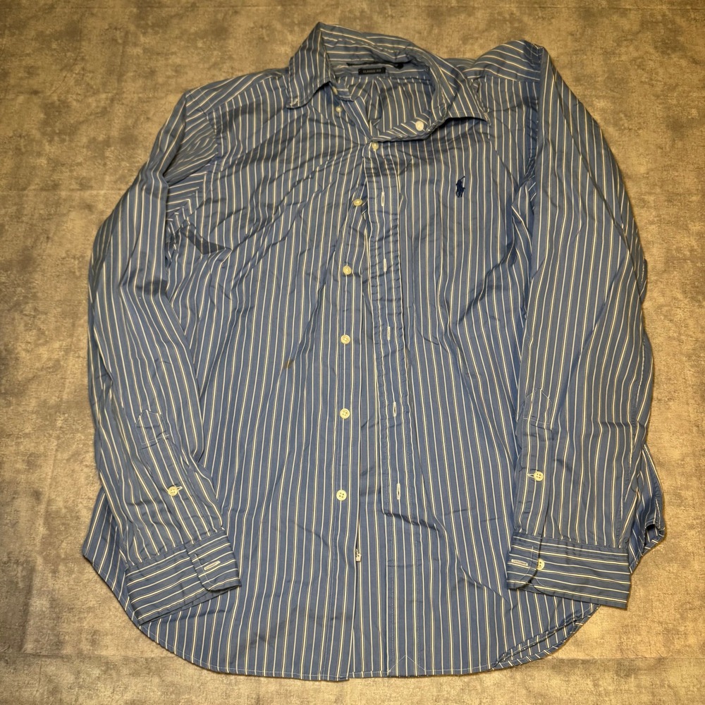 Ralph Lauren Classic Fit Mens Medium Blue White Striped Button Down Shirt Pony